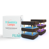 Set of two square mini mid-century friendship lamps with a European plug, displayed alongside their packaging which has 'Friendship Lamps' and the brand name 'Filimin' on it.
