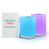 Two colored lamps with a European plug, one blue and one purple, alongside a packaging box with 'Friendship Lamps' text.