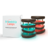 A set of Mid-Century Design Friendship Lamps with two circular wooden frames and colorful led panels, alongside its packaging box.