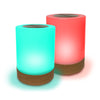 Set of two cylindrical Lumi Friendship Lamps with wooden bases, one glowing green and the other red, on a white background.