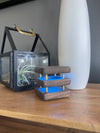 single mini mid century kona friendship lamp glowing blue to show connected of loved ones