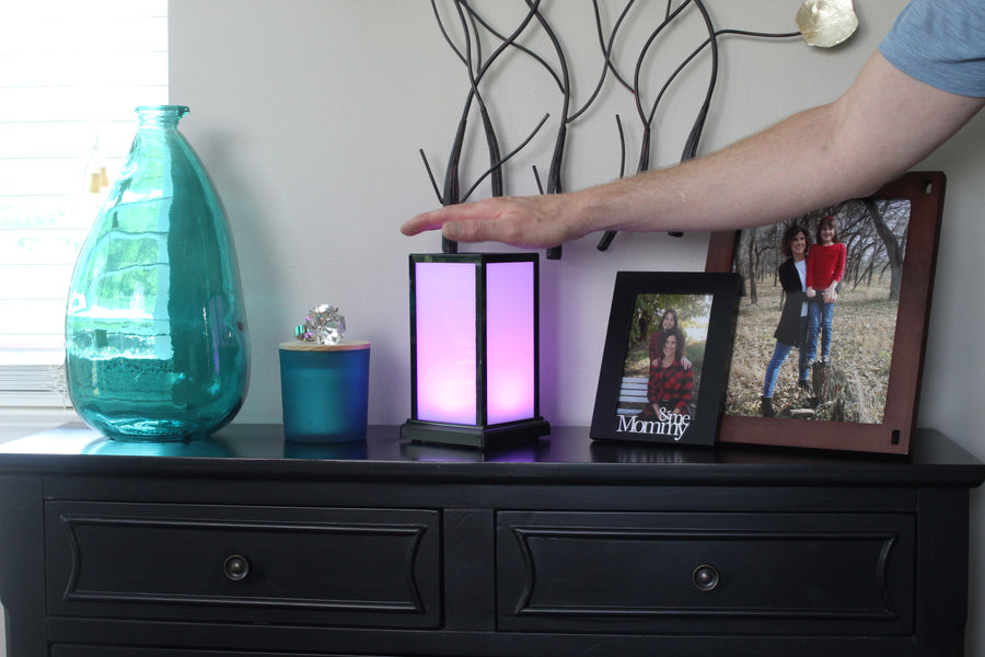 [Friendship Lamps Modern Purple Single in use on counter]